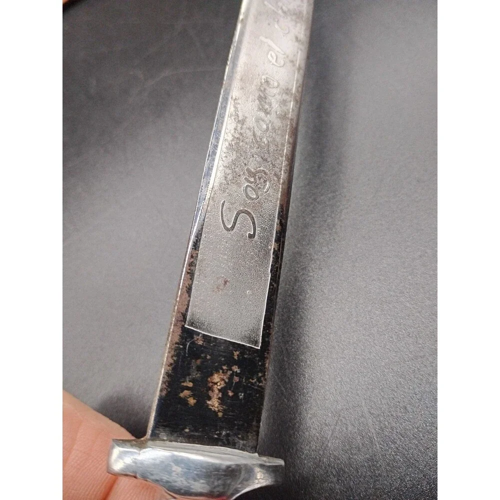 Vintage 9” Mexican Souvenir Dagger Aluminum Tribal Handle Engraved Blade Sheath